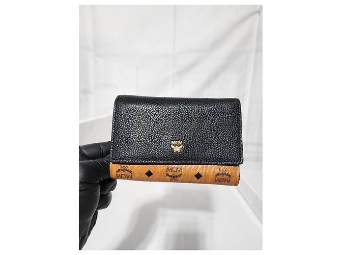 Billetera trifold con solapa de lona recubierta y cuero MCM Visetos Negro/Marrón Castaño - vista 11