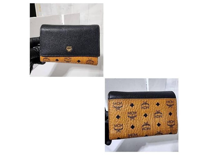 Billetera trifold con solapa de lona recubierta y cuero MCM Visetos Negro/Marrón Castaño - vista 4