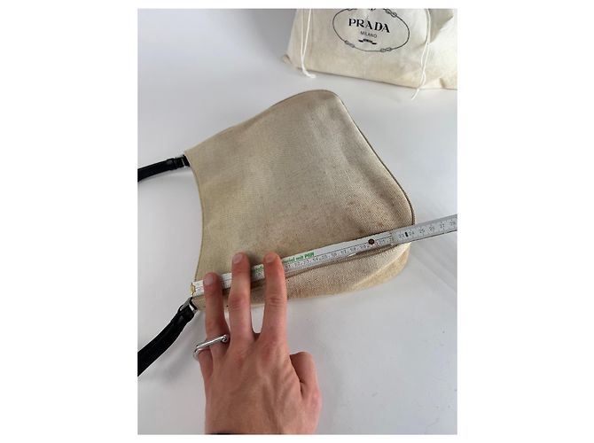 Vintage Prada Cleo Canvas Leder Tasche Beige Schwarz - Ansicht 10