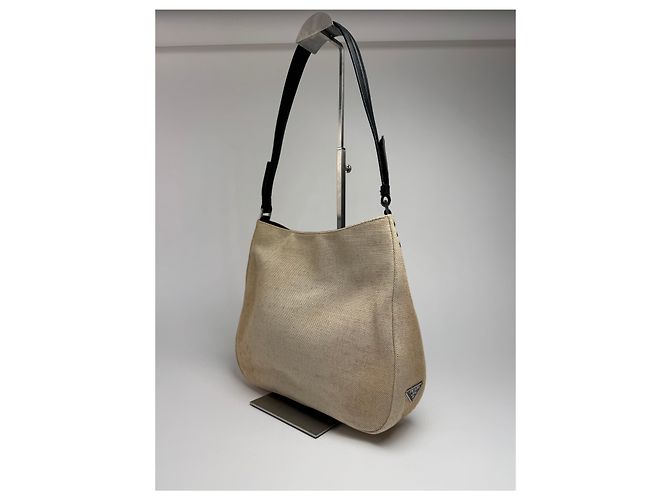 Vintage Prada Cleo Canvas Leder Tasche Beige Schwarz - Ansicht 12