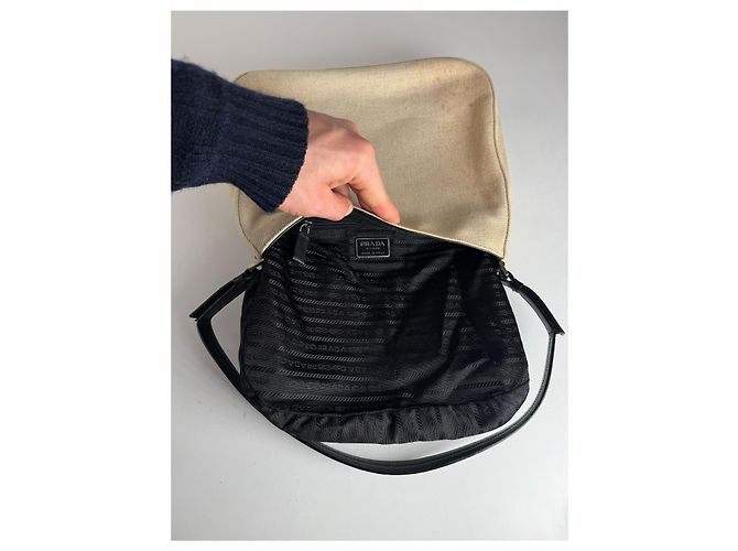 Vintage Prada Cleo Canvas Leder Tasche Beige Schwarz - Ansicht 2