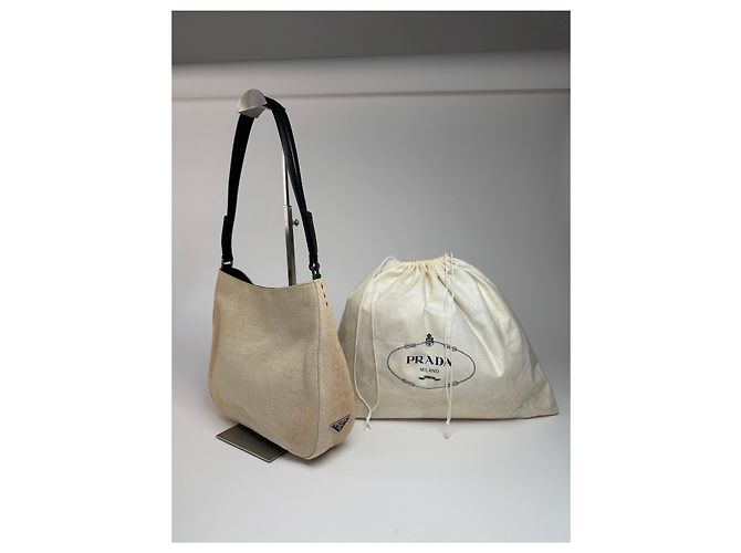 Vintage Prada Cleo Canvas Leder Tasche Beige Schwarz - Ansicht 4