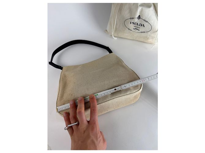 Vintage Prada Cleo Canvas Leder Tasche Beige Schwarz - Ansicht 9