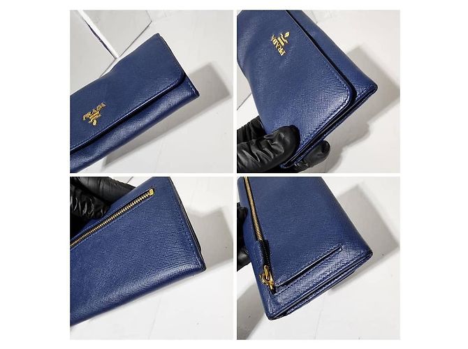 Prada Saffiano Leder Continental Geldbörse Blau - Ansicht 10