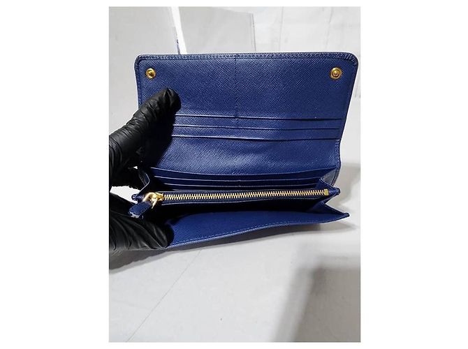 Prada Saffiano Leder Continental Geldbörse Blau - Ansicht 11