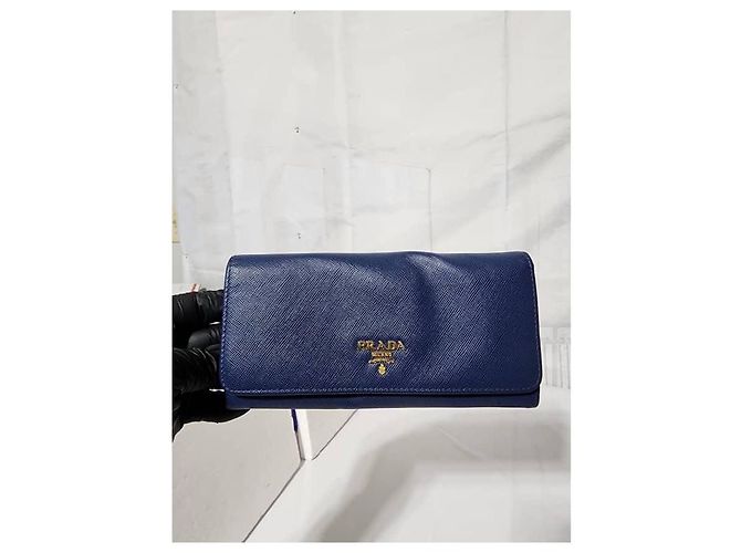 Prada Saffiano Leder Continental Geldbörse Blau - Ansicht 13