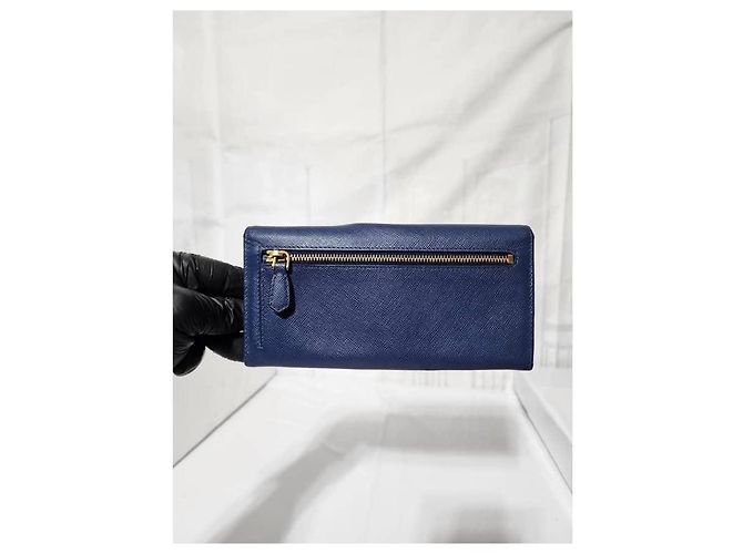 Prada Saffiano Leder Continental Geldbörse Blau - Ansicht 3