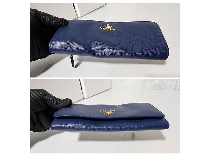 Prada Saffiano Leder Continental Geldbörse Blau - Ansicht 5