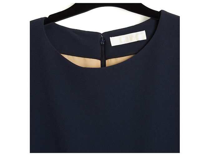 Chloé 2015 Marine Kleid FR38 Marine Crepe Rüschen Perfektes Kleid UK10 US8 Marineblau - Ansicht 3