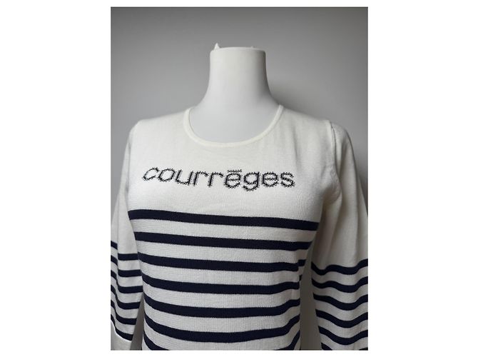 Vintage Courreges Paris gestreifter Pullover Weiß/Marine EU36/S - Ansicht 12