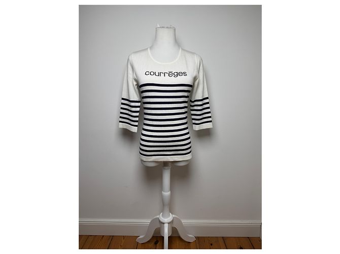 Vintage Courreges Paris gestreifter Pullover Weiß/Marine EU36/S - Ansicht 13