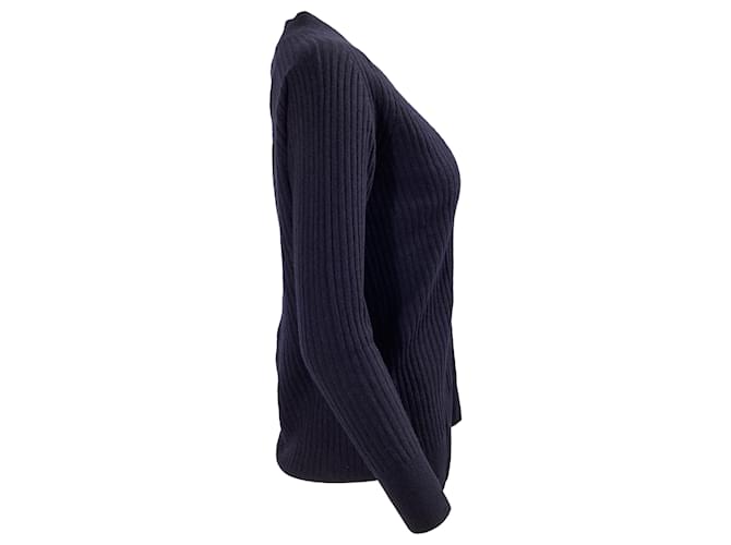Iris & Ink V-Ausschnitt Rippstrickpullover aus marineblauem Kaschmir - Ansicht 2