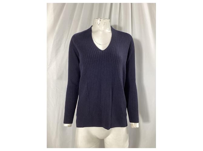 Iris & Ink V-Ausschnitt Rippstrickpullover aus marineblauem Kaschmir - Ansicht 7