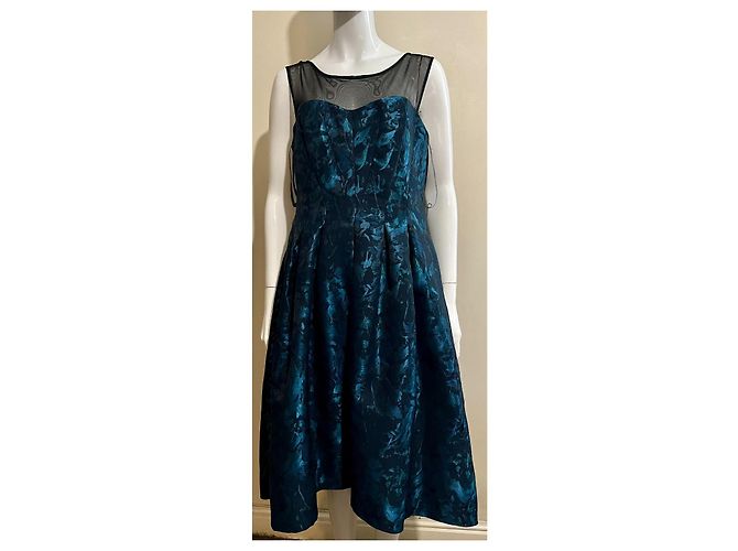 Vera Wang Vestido de brocado con cuello ilusión Negro Turquesa - vista 2