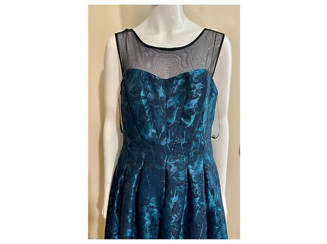 Vera Wang Vestido de brocado con cuello ilusión Negro Turquesa - vista 3