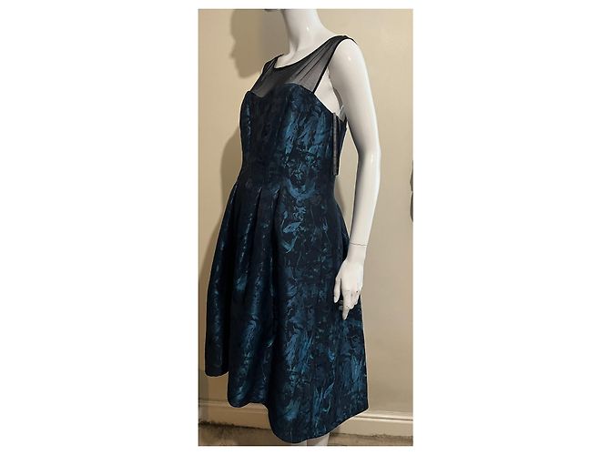 Vera Wang Vestido de brocado con cuello ilusión Negro Turquesa - vista 4