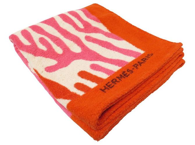 Hermès NEUF DRAP DE PLAGE HERMES CORAIL SERVIETTE DE BAIN COTON ORANGE BEACH TOWEL - vue 7