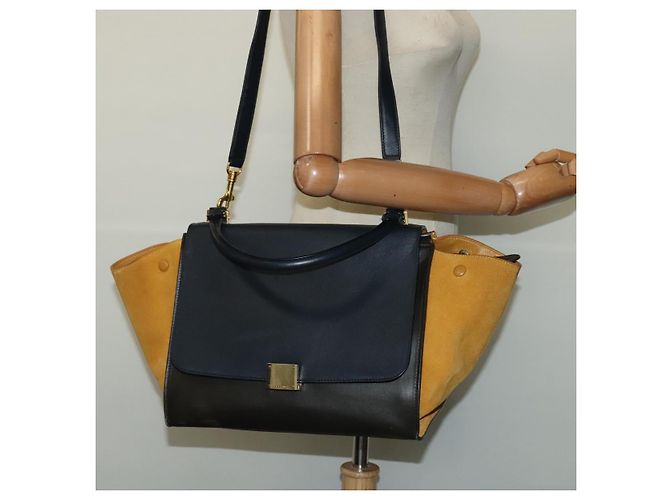 Céline CELINE Borsa Trapeze in pelle 2 in 1 Blu Navy Oro Auth BA400 D'oro - vista 25
