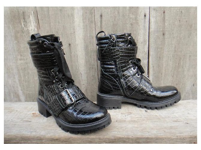 Botines Twin Set de piel negra con relieve de cocodrilo Negro - vista 3