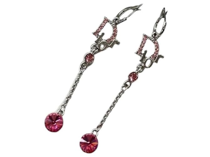 Orecchini pendenti in cristallo di strass rosa rubino rosso argento Christian Dior - vista 2