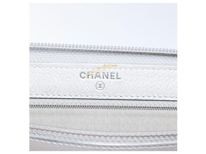 CHANEL Camelia Cartera Larga Cuero Plata CC Auth am7960 - vista 14