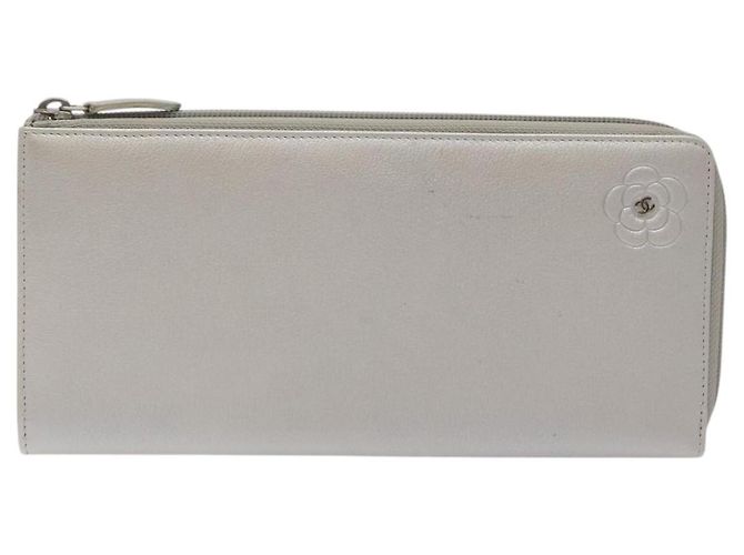 CHANEL Camelia Cartera Larga Cuero Plata CC Auth am7960 - vista 2