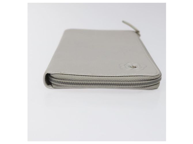 CHANEL Camelia Cartera Larga Cuero Plata CC Auth am7960 - vista 4