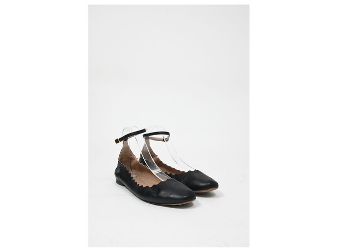 Chloé Scallop Accent Ankle Strap Ballet Flats in Black Leather - view 11