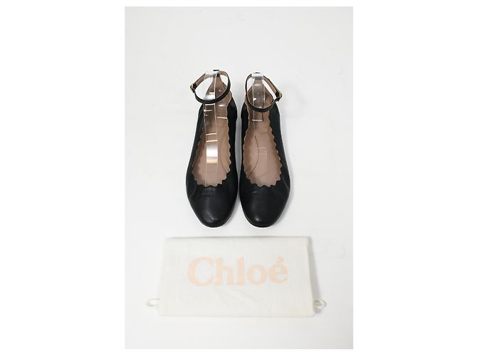 Chloé Scallop Accent Ankle Strap Ballet Flats in Black Leather - view 14