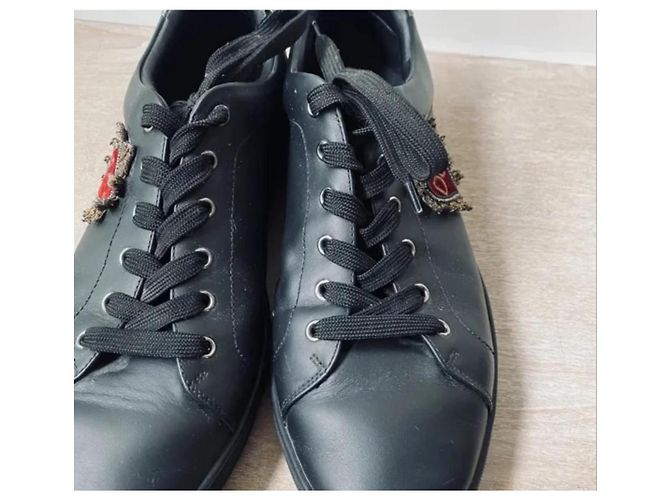 Dolce & Gabbana Sneakers Basse in Pelle Nere con Cuore Rosso Blu - vista 4