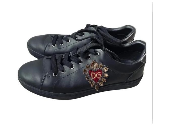 Dolce & Gabbana Sneakers Basse in Pelle Nere con Cuore Rosso Blu - vista 8