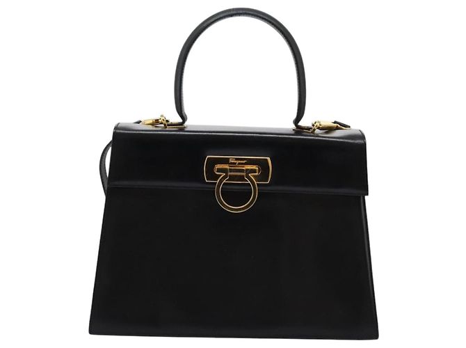 Borsa a mano in pelle Gancini di Salvatore Ferragamo 2way Nero Oro Auth MY114 - vista 2