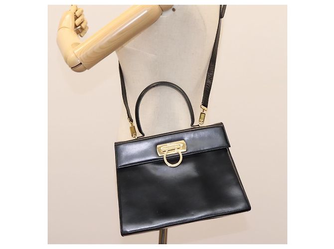 Borsa a mano in pelle Gancini di Salvatore Ferragamo 2way Nero Oro Auth MY114 - vista 26