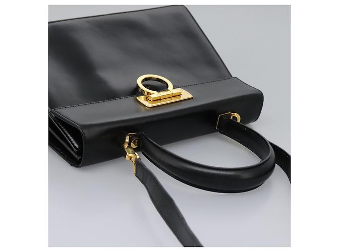 Borsa a mano in pelle Gancini di Salvatore Ferragamo 2way Nero Oro Auth MY114 - vista 6
