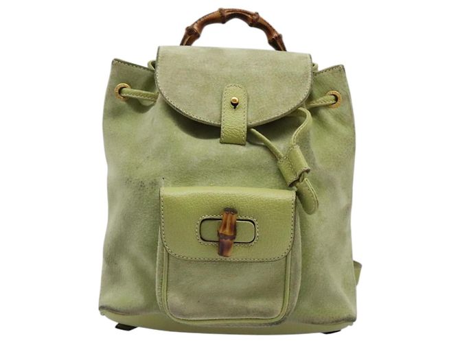 Bamboo Mochila Gucci em couro camurça verde e dourado 003 1956 0030 Auth nb201 - vista 2