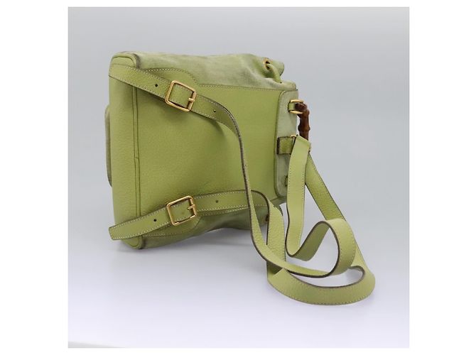 Bamboo Mochila Gucci em couro camurça verde e dourado 003 1956 0030 Auth nb201 - vista 9