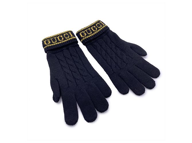 Gucci Unisex Strickhandschuhe aus Wolle und Leder in Schwarz und Gelb, Größe M - Ansicht 2