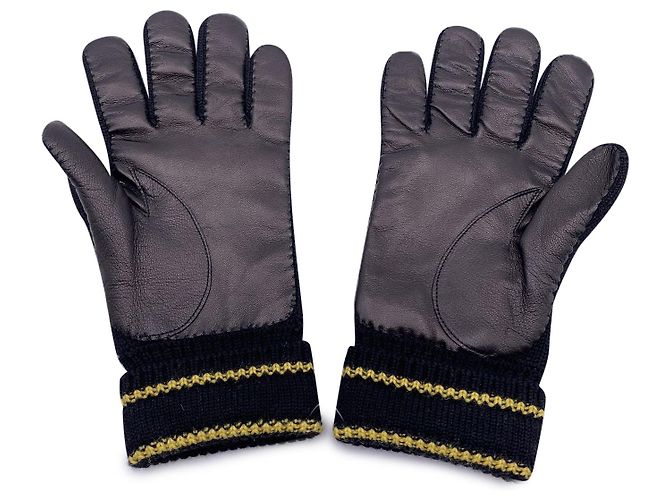 Gucci Unisex Strickhandschuhe aus Wolle und Leder in Schwarz und Gelb, Größe M - Ansicht 3