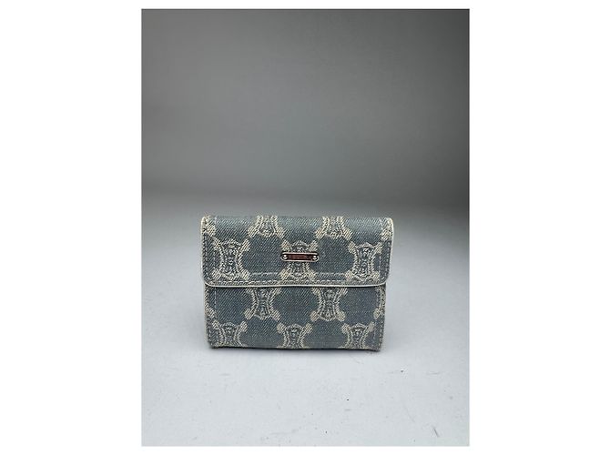 Triomphe Céline Vintage Celine Paris Denim Leather Monogram wallet white blue - view 10