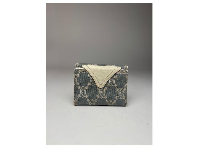 Triomphe Céline Vintage Celine Paris Denim Leather Monogram wallet white blue - view 2