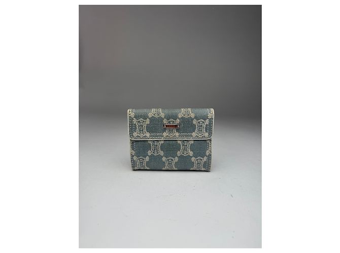 Triomphe Céline Vintage Celine Paris Denim Leather Monogram wallet white blue - view 6