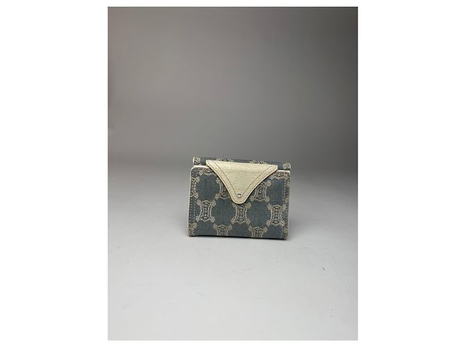Triomphe Céline Vintage Celine Paris Denim Leather Monogram wallet white blue - view 7