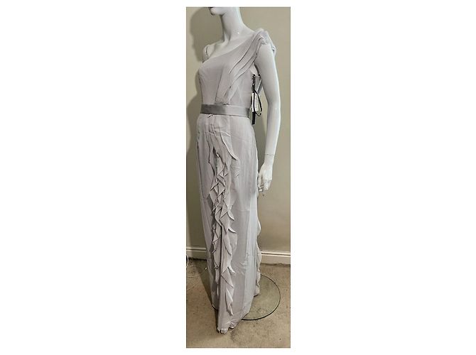 Vera Wang Einseitiges Abendkleid aus perlgrau Chiffon - Ansicht 2