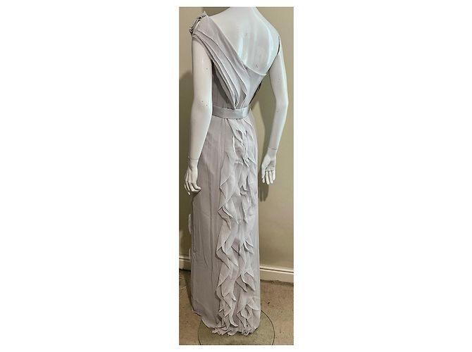 Vera Wang Einseitiges Abendkleid aus perlgrau Chiffon - Ansicht 3