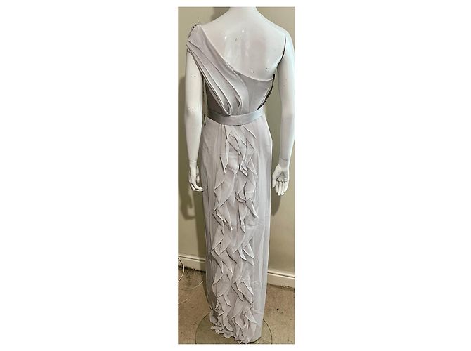 Vera Wang Einseitiges Abendkleid aus perlgrau Chiffon - Ansicht 4
