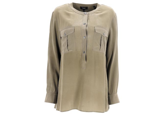 Theory Blusa de manga larga con medio botón en seda oliva Verde Verde oliva - vista 6