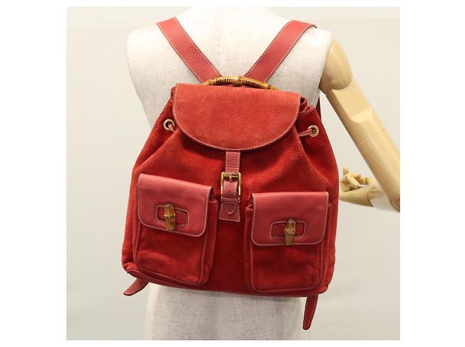 Bamboo Zaino Gucci in pelle scamosciata rossa e oro 003 2058 0016 Auth nb202 Rosso D'oro - vista 31