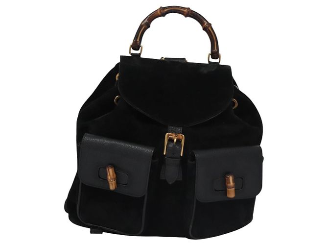 Bamboo Mochila GUCCI em couro camurça preto e dourado 003 58 0016 Auth nb007 - vista 13
