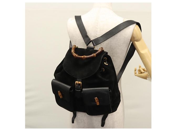 Bamboo Mochila GUCCI em couro camurça preto e dourado 003 58 0016 Auth nb007 - vista 34