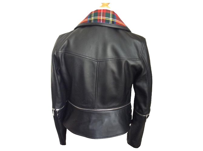 Christopher Kane Lederjacke Schwarz mit Tartan Kragen Biker Jacke Mehrfarben - Ansicht 14